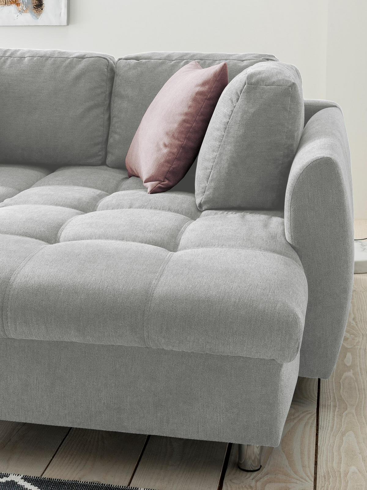 ECKSOFA mit Schlaffunktion, Bettkasten, Wellenunterfederung, Ottomane rechts B250/T190/H84 cm, Liegefl. 179x190 cm, Mikrofaser Grau / 17001 - Chromfarben/Grau, Textil/Metall (250/190cm) - luma-home