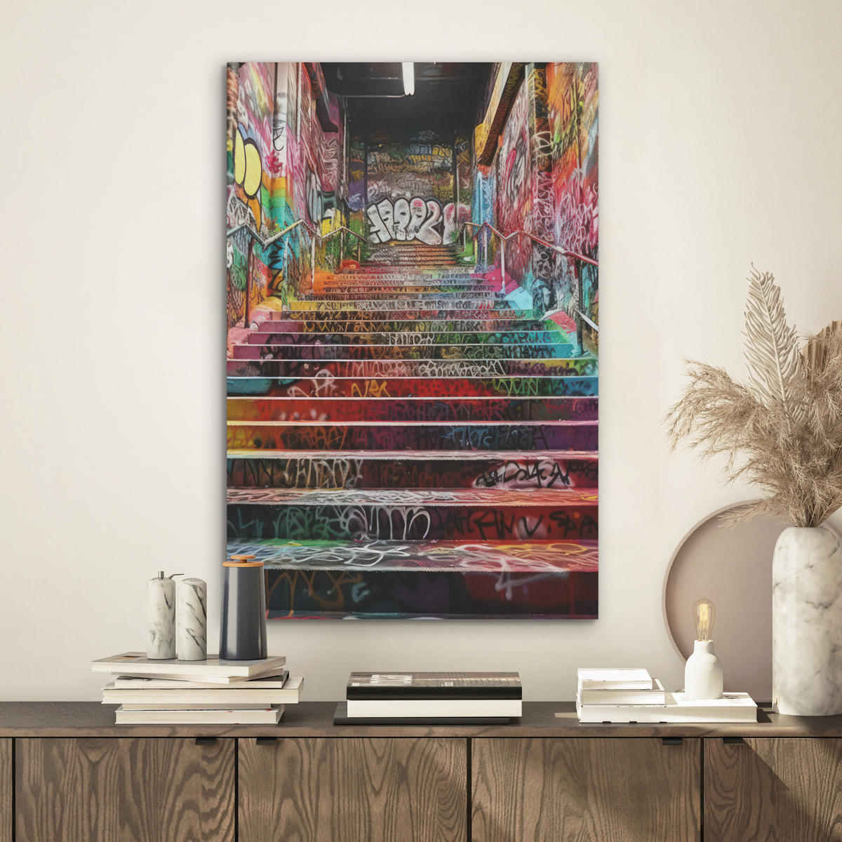 AKUSTIKBILD Treppe - Graffiti - Farben - Kunst Kunstdruck Schlafzimmer 50x70 cm - Multicolor, Kunststoff (50/70/0.9cm) - MuchoWow