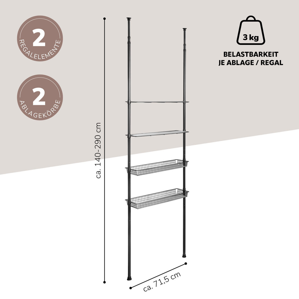 TELESKOP-REGAL, schwarz - Schwarz, Metall (71.5/290/20cm) - bremermann