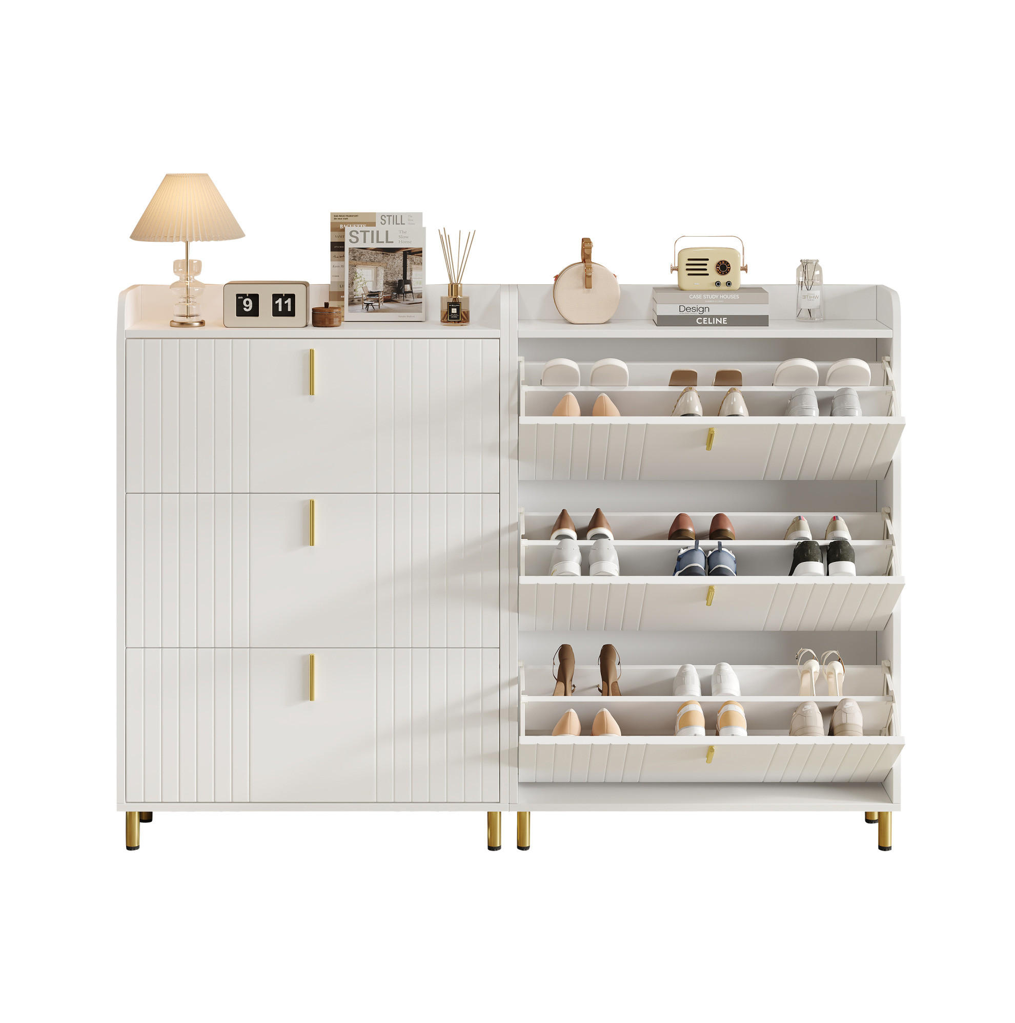 SCHUHSCHRANK aus MDF 80x23x123,5cm in Weiß mit 3 Klappen - Weiß, Holzwerkstoff (80/123.5/23cm) - Modfu