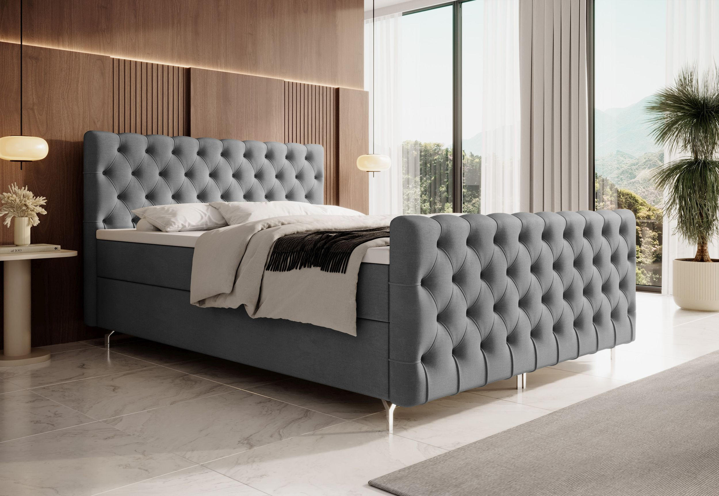 BOXBETT CHESTER 140x200, mit Matratze H3, Bonell und Topper, Monolith 92 - Grau, Holz/Textil (140/200cm) - Bedante