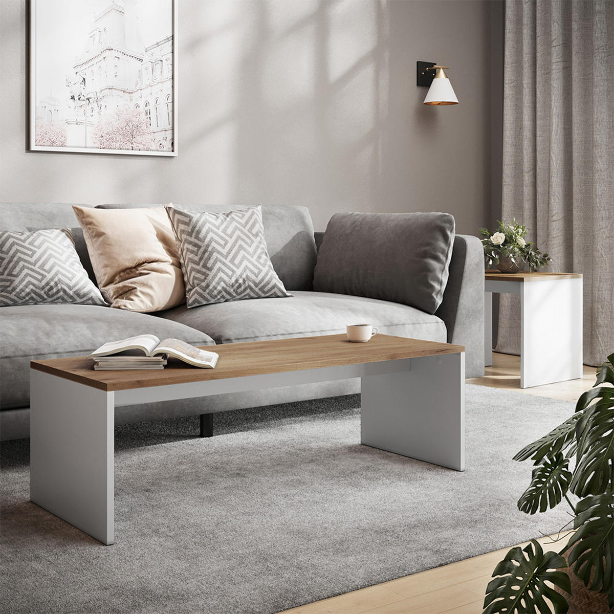 COUCHTISCH-SET Donat Weiß/Goldkraft Eiche 100 x 48 cm , 2 Teile - Honigeiche/Weiß, Holzwerkstoff (48/100/40.4cm) - Vicco