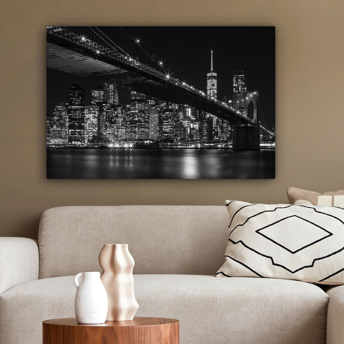 LEINWANDBILD New York - Brooklyn - Brücke Gemälde 60x40 cm - Schwarz, Textil (60/40cm) - MuchoWow