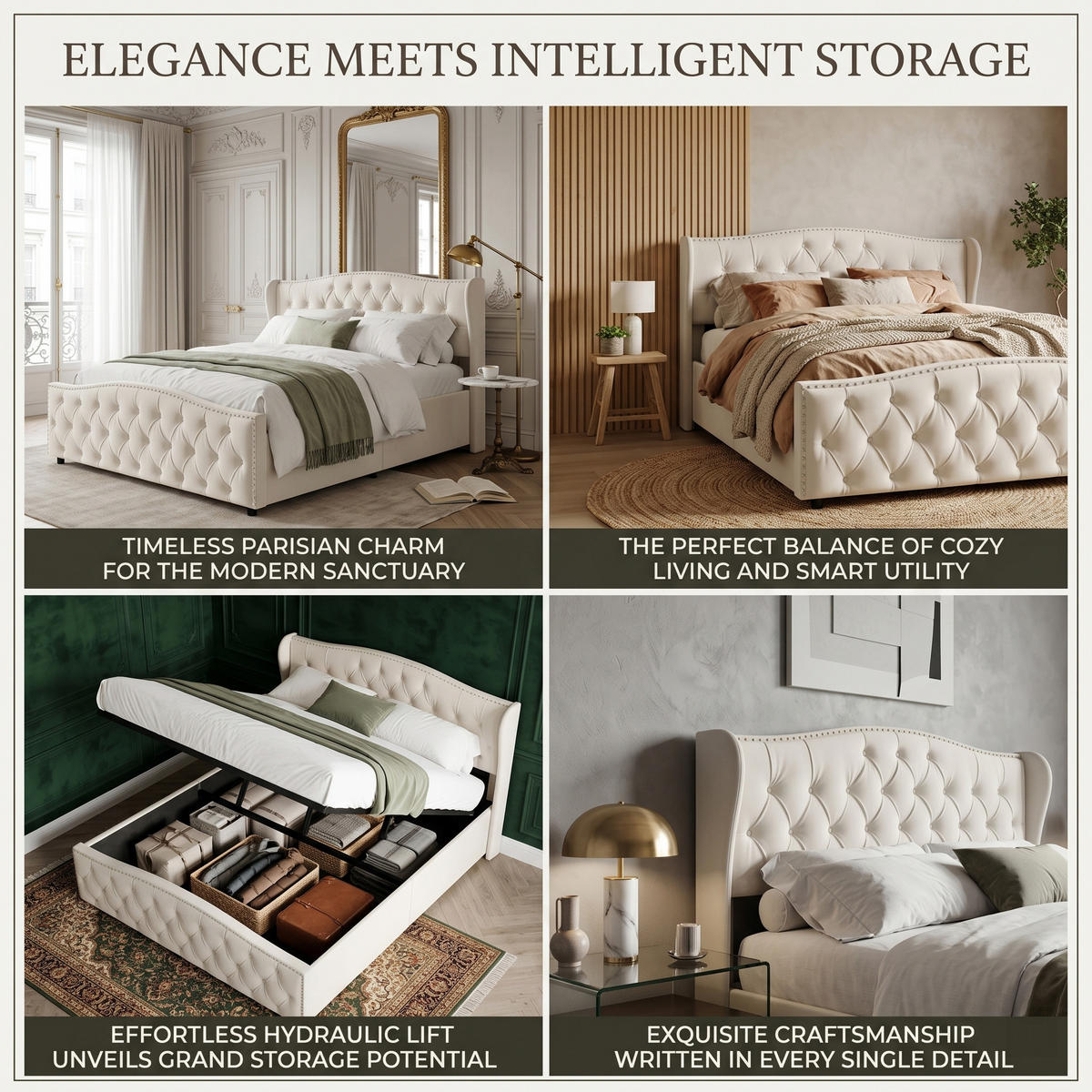 POLSTERBETT Wave-Design 160/200 cm mit Bettkasten & Nietendekor Samtstoff Beige - Beige, Textil (160/200cm) - Creahappy