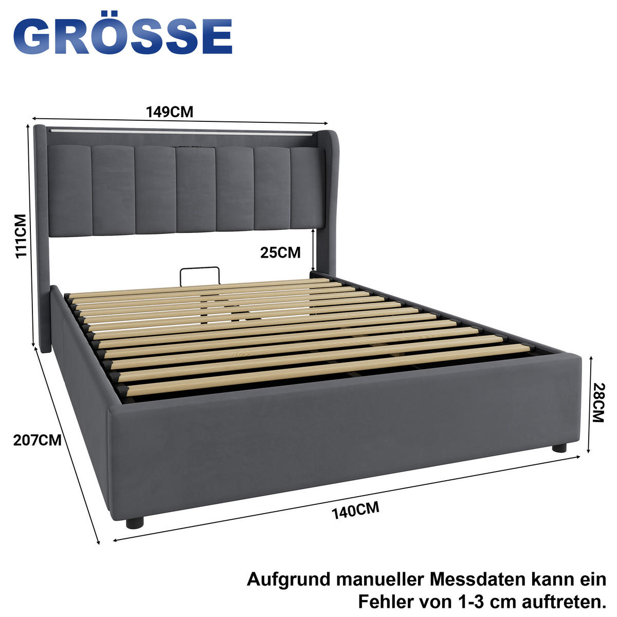 ČALOUNĚNÁ postel 140x190 cm tmavě šedá ze sametu s LED osvětlením, hydraulickým úložným boxem a nabíjecím konektorem - tmavě šedá, textil (140/190cm) - OKWISH