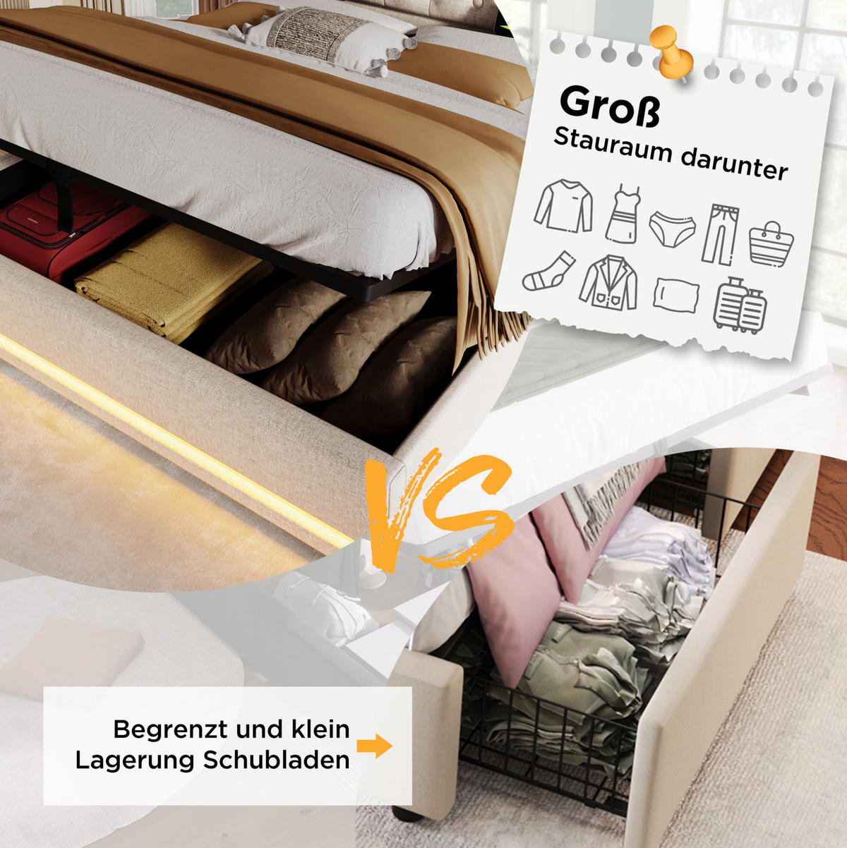 POLSTERBETT 140/200 cm mit USB-C, Matratze, LED und hydraulischem Bettkasten, PU, Weiß - Weiß, Kunststoff (140/200cm) - Redom