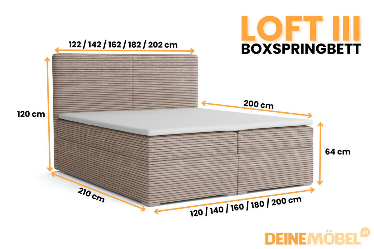 BOXBETT LOFT III 160/200 Cord Beige mit Bonell-Federkernmatratzen H3 - Beige, Holz/Holzwerkstoff (160/200cm) - Deine Möbel 24