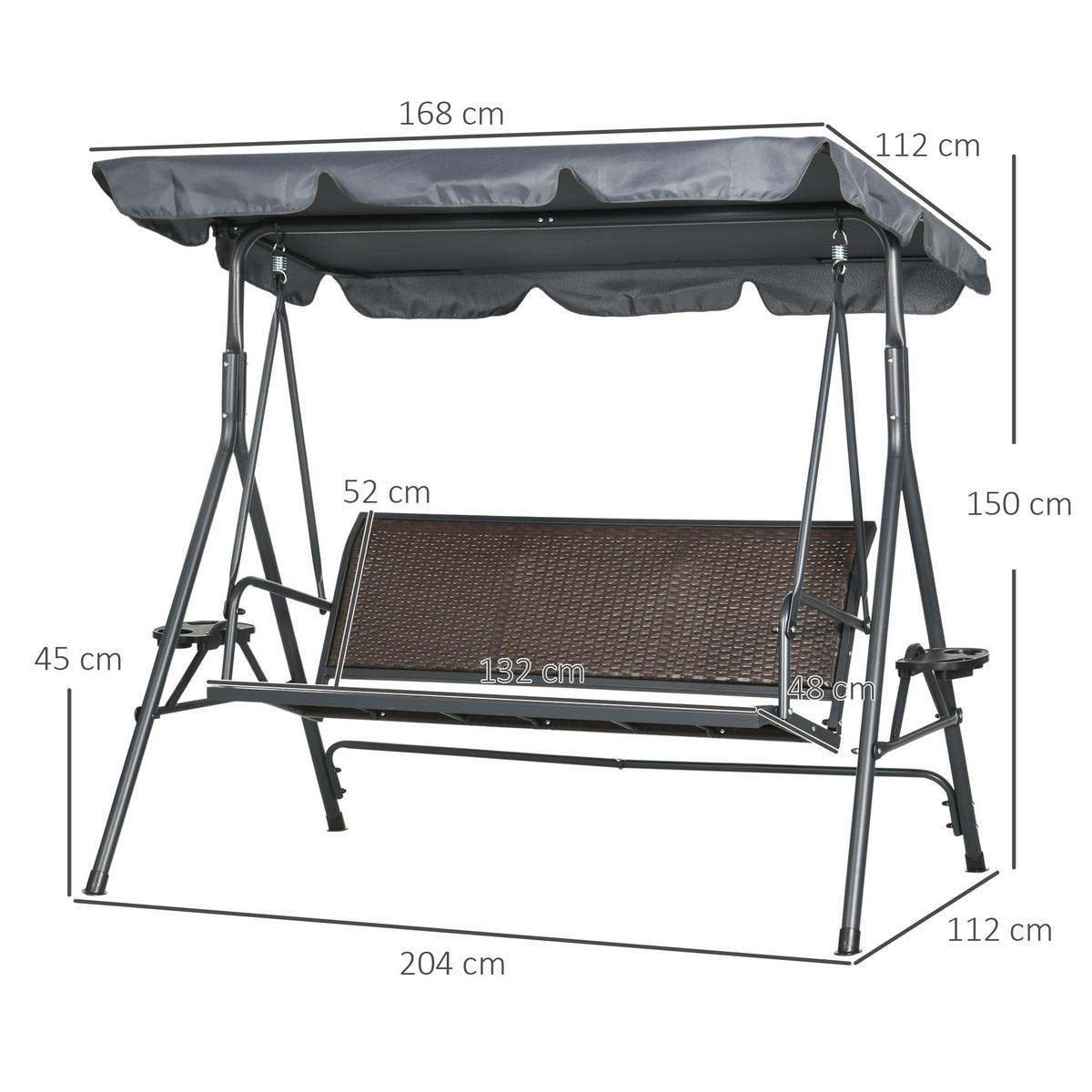 GARTENSCHAUKEL mit Rattan- und Stahlrahmen, ohne - Grau, Metall (53/14/135cm) - Vallsero