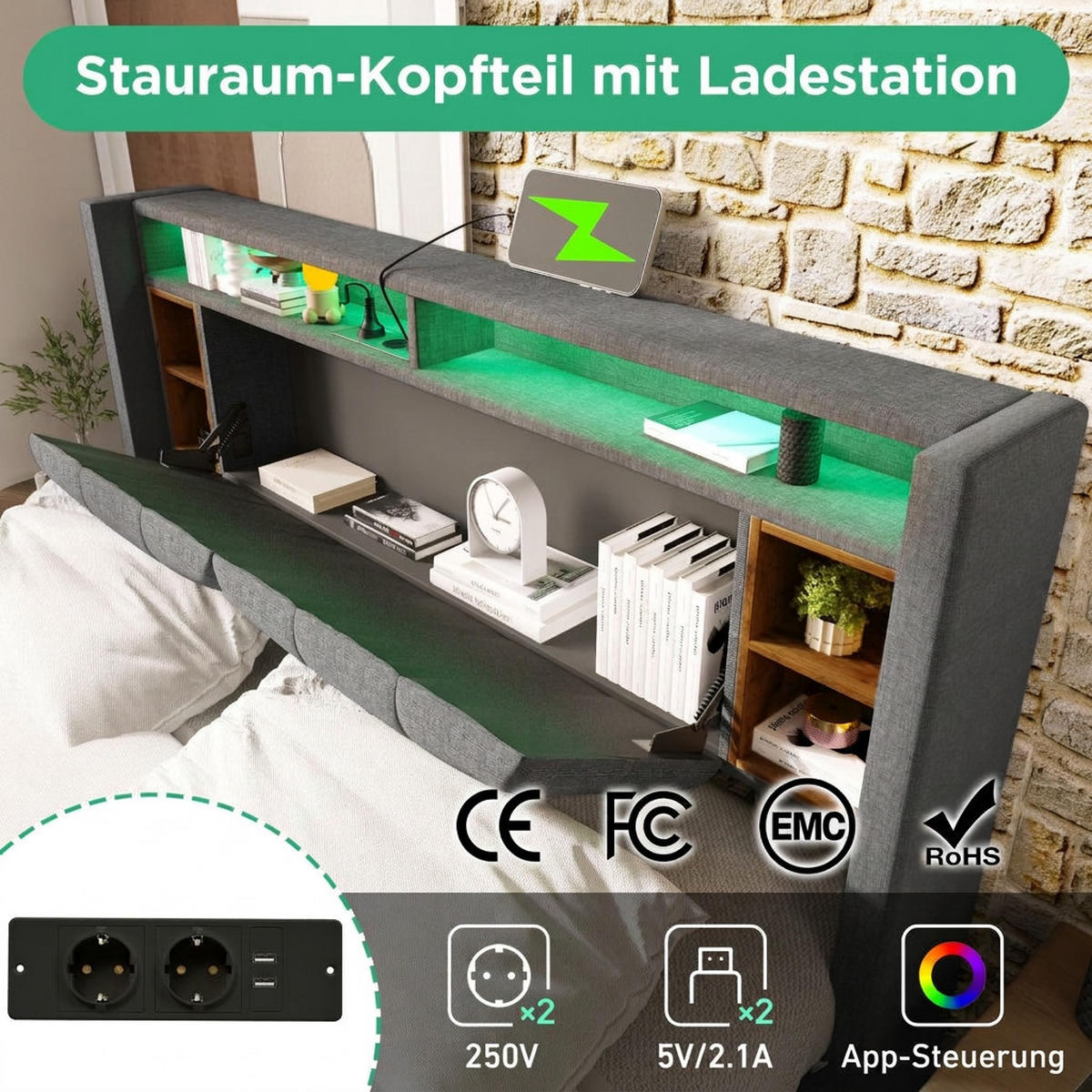 POLSTERBETT 160/200 cm Grau mit Stauraum-Kopfteil, LED-Beleuchtung und USB Type-C Ladefunktion - Grau, Holz (160/200cm) - Oxeza