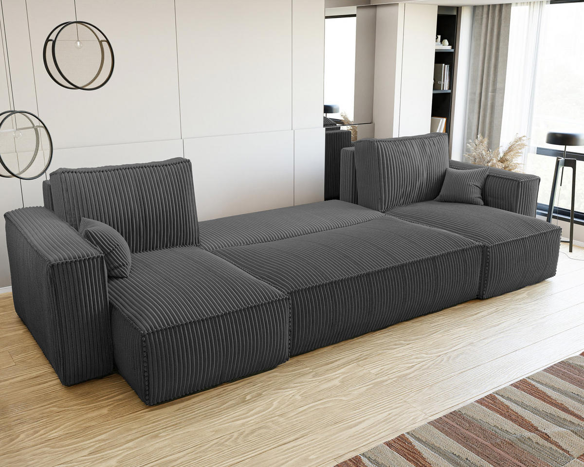 ECKSOFA mit Schlaffunktion und Bettkasten, Dunkelgrau - Dunkelgrau/Grau, Holzwerkstoff/Textil (312/145cm) - Idohome
