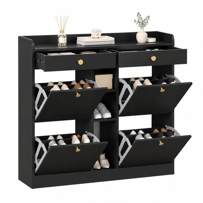 SCHUHSCHRANK mit 4 Klappen 110 x 26 x 100 cm Schwarz mit Schubladen - Schwarz, Holz (26/100/110cm) - Beauniv