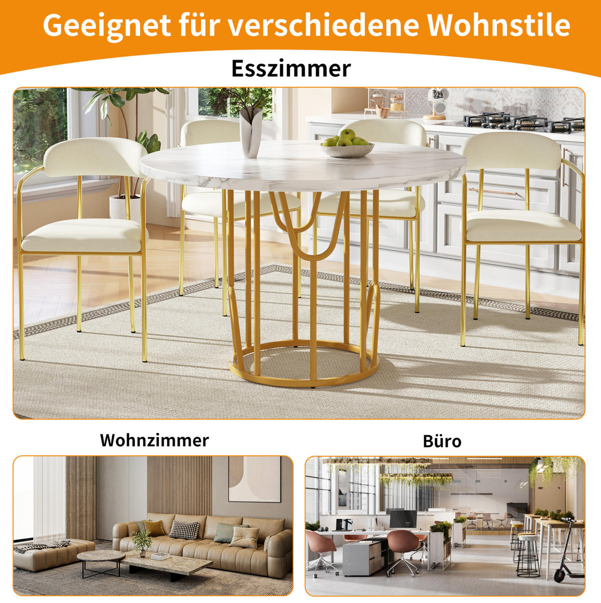 ESSTISCH 80x80x76 cm in Weiß und Gold aus MDF mit Marmoroptik auf goldenen Metallbeinen - Weiß, Holzwerkstoff (80/80/76cm) - Modfu