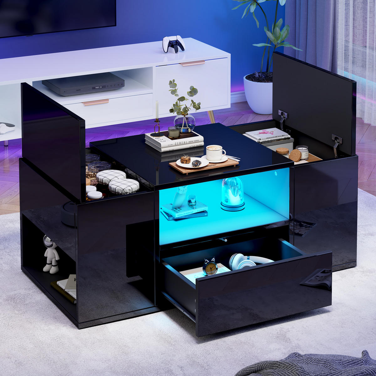 COUCHTISCH LED Schwarz 1 Schublade 2 Schränke 6 Fächer Hochglanz 100x50x40cm - Schwarz, Holzwerkstoff (100/50/40cm) - FLIEKS