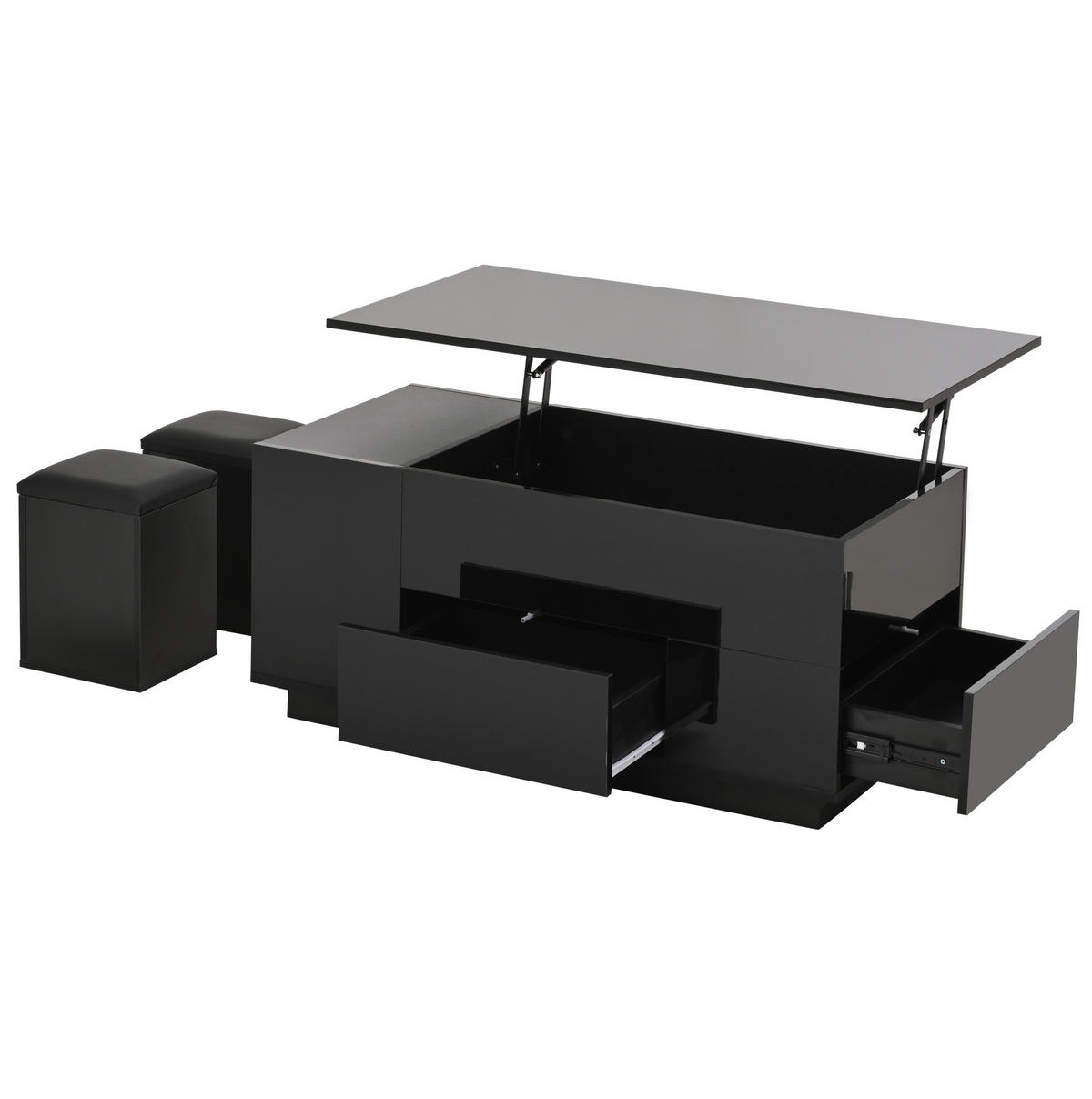 COUCHTISCH 100/50/45 cm höhenverstellbar mit LED, 2 Schubladen, verstecktem Stauraum und 2 Hockern, Schwarz - Schwarz, Holzwerkstoff (100/50/45cm) - Modfu