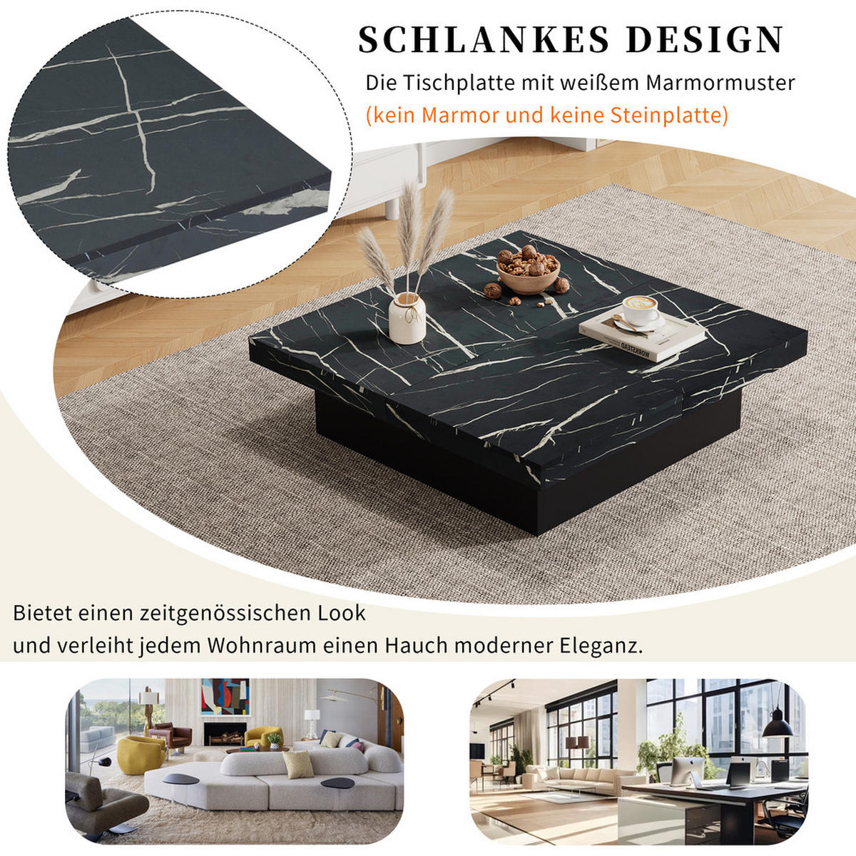 COUCHTISCH Moderner quadratischer mit Marmoroptik und Schubladen - Schwarz, Holz (80.01/57.48/25cm) - FLIEKS