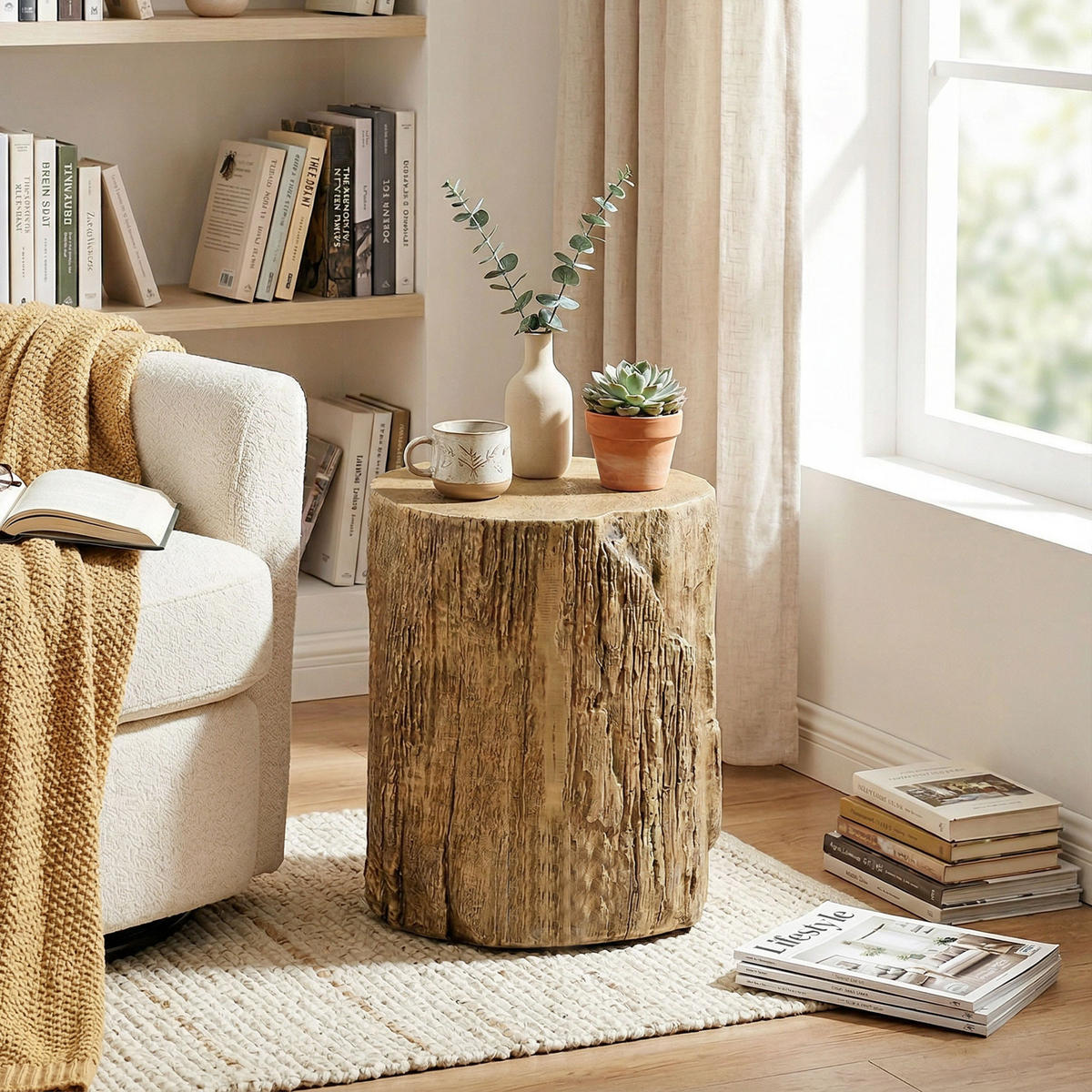 BEISTELLTISCH DE-08804 Baumstumpf-Optik aus Beton Braun - Naturfarben, Stein (37/37/43cm) - ComfortXL