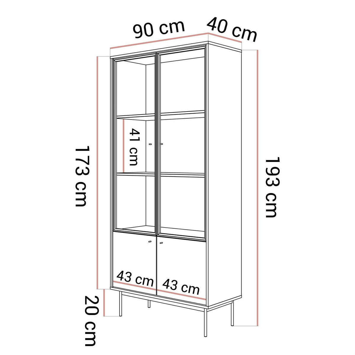 VITRINE ISA, zweitürig mit LED-Beleuchtung - Eichefarben, Holzwerkstoff (90/193/40cm) - Lookway