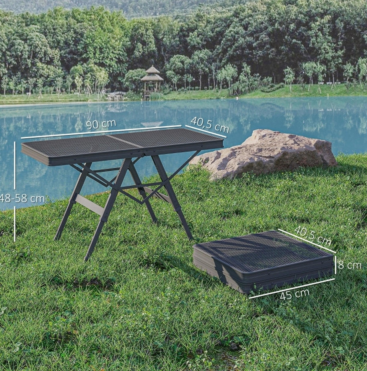 GARTENTISCH aus Metall 90x40,5x48/58 cm Schwarz mit höhenverstellbar & klappbar - Schwarz, Metall (90/40.5/58cm) - Modfu