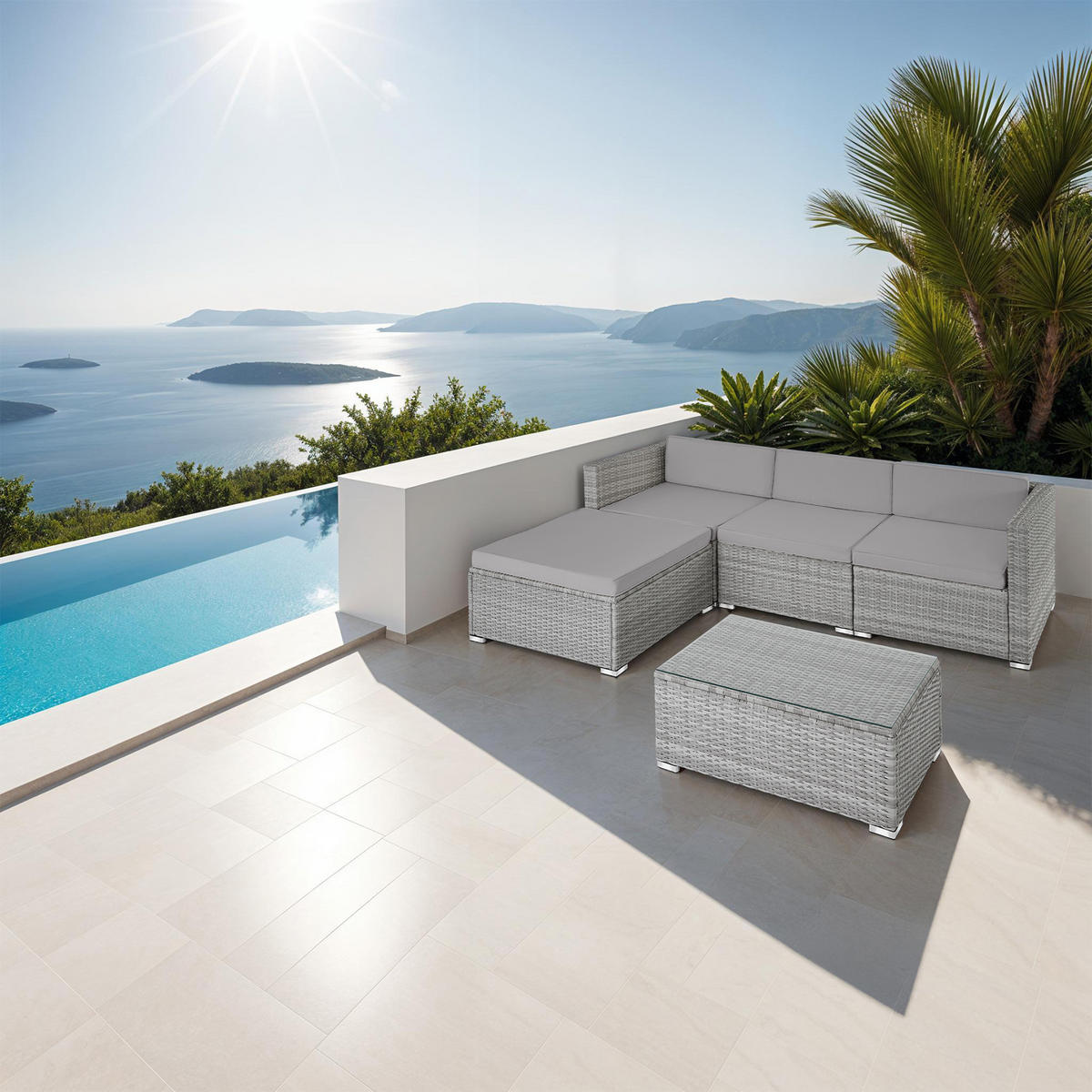 RATTANLOUNGE Florenz,mit Sicherheitsglasplatte,hellgrau/dunkelgrau - Dunkelgrau/Hellgrau, Kunststoff - tectake