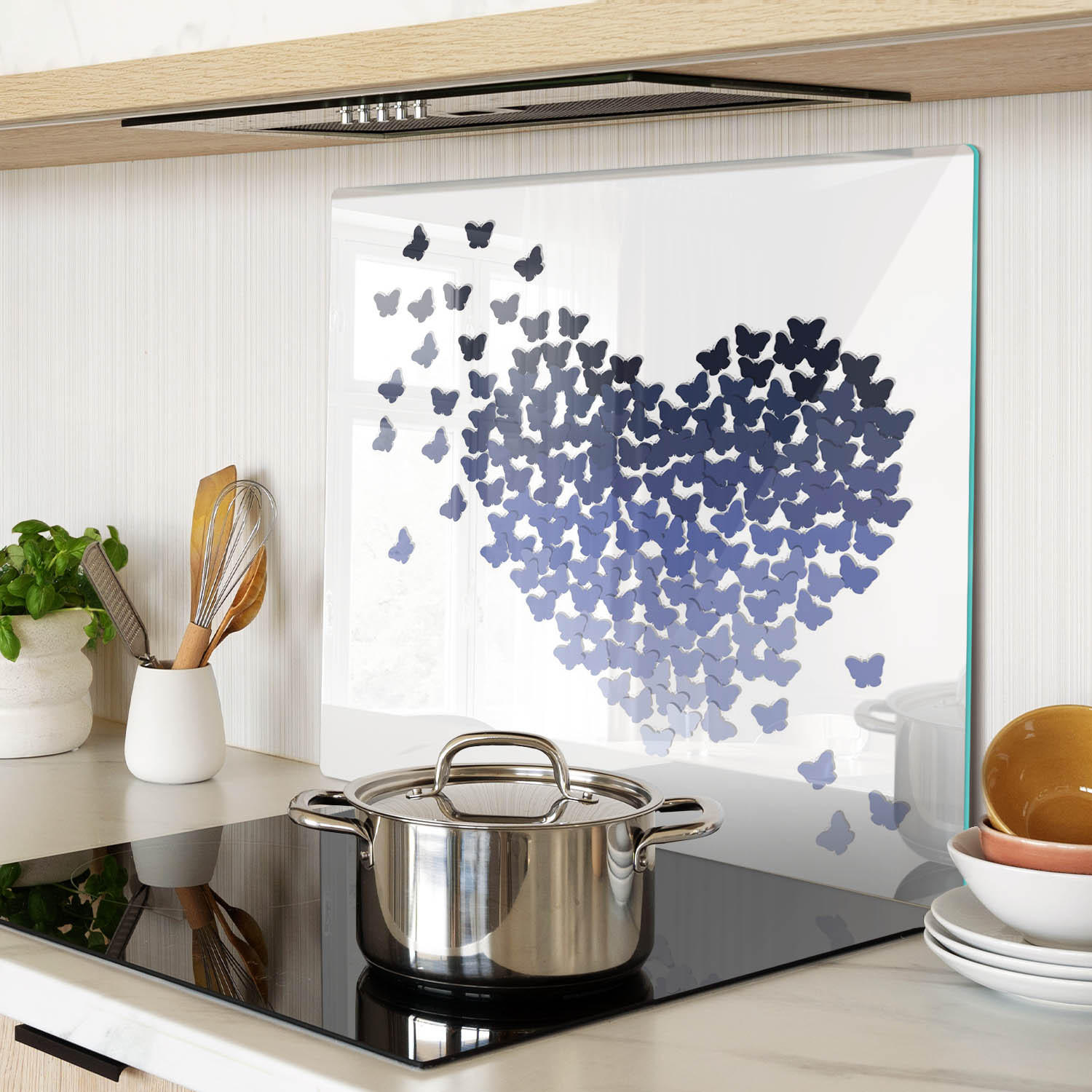 GLASPLATTE 60x52 cm Schmetterlinge Herzen - Blau, Glas (60/0.4/52cm) - TULUP