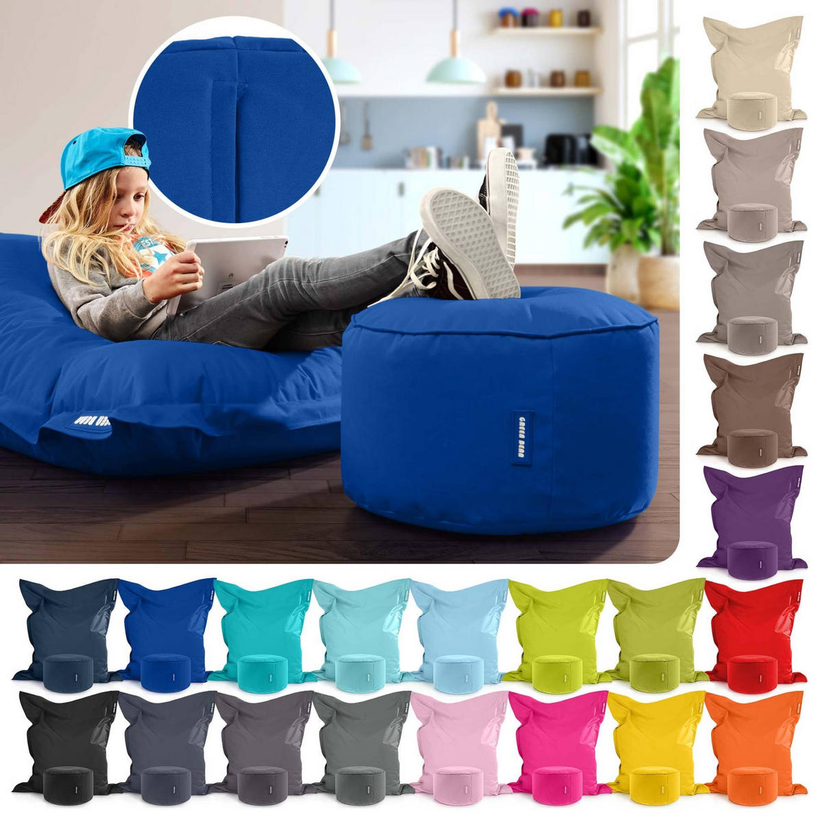 XXL-SITZSACK + Pouf 2er Set - 140x180cm - Blau, Textil (140/25/180cm) - Green Bean