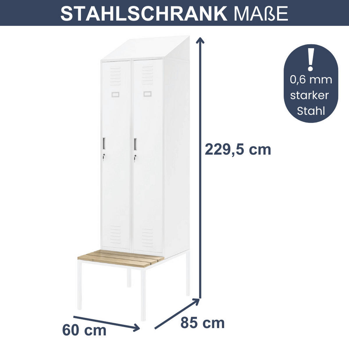 UMKLEIDESCHRANK Spind mit Sitzbank BARCA 2 Abteile 229,5x60x85cm Weiß - Weiß, Metall (60/229.5/85cm) - DELUKE