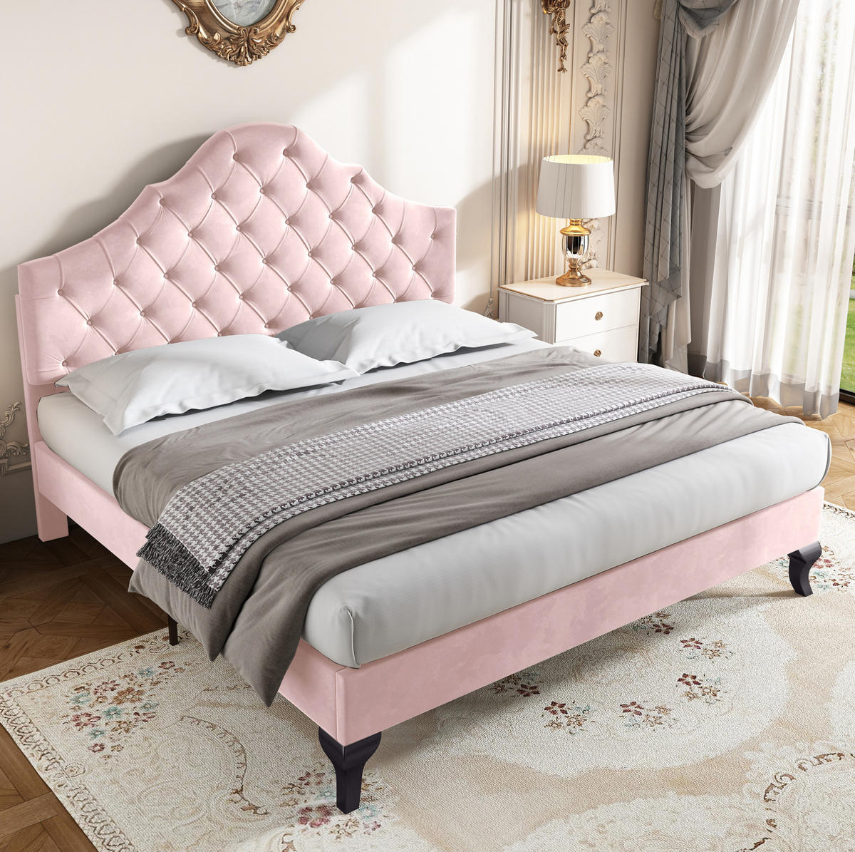 POLSTERBETT aus Samt 140x200 cm in Rosa mit Lattenrost & verstellbarem Kopfteil - Rosa, Textil (140/200cm) - Modfu