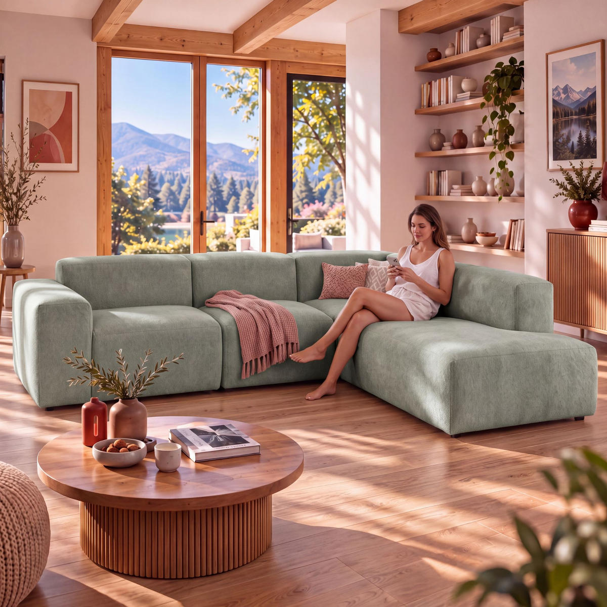 4-SITZER modulares Ecksofa HEAVEN SET 2 Rechts, Breite 300 cm Webstoff Grün - Schwarz/Grün, Holz/Kunststoff (245/300cm) - Muffo