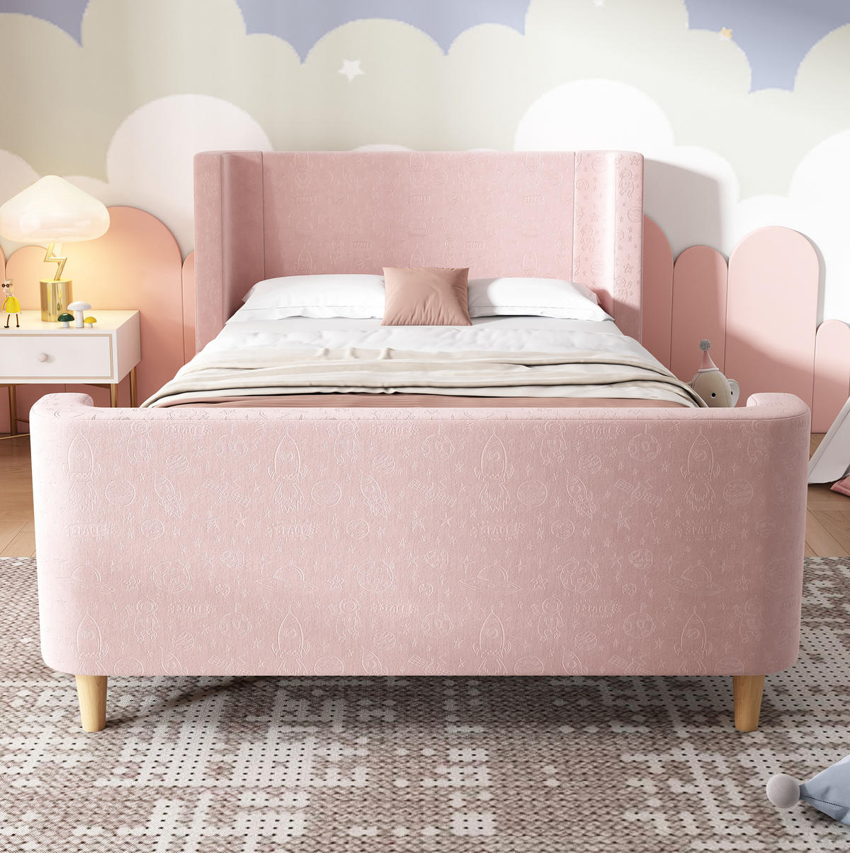 KINDERBETT 90/200 cm in Rosa aus Samt mit Weltraummuster und Schlittenbett-Design - Rosa, Textil (90/200cm) - Flora Grace