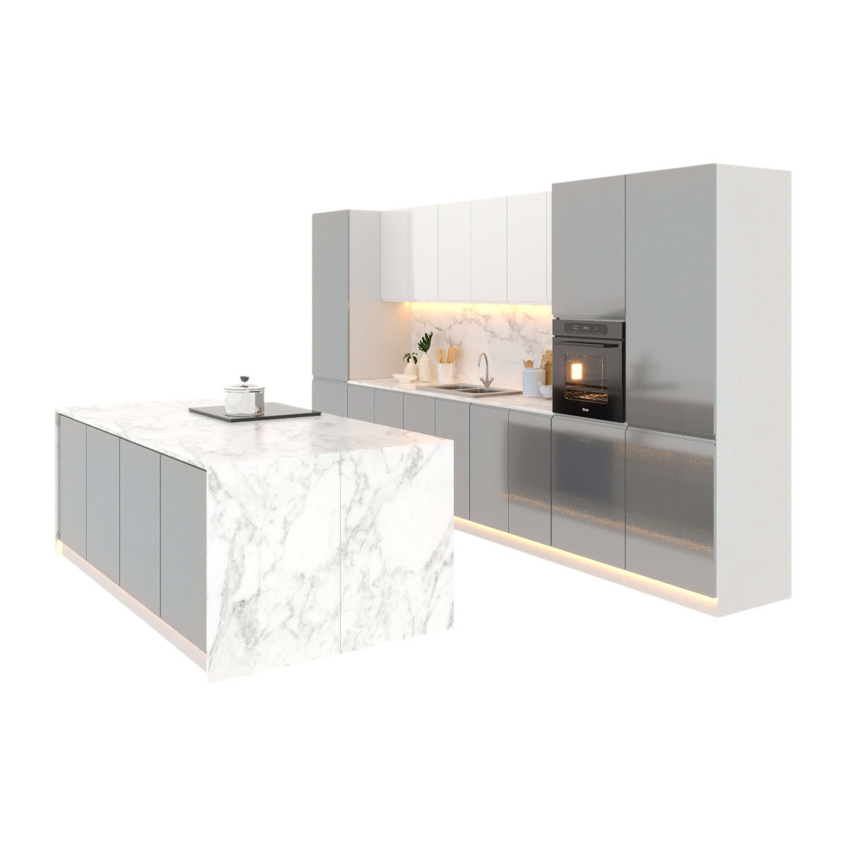 INSELKÜCHE-KÜCHENZEILE 420 cm Glanzia – KU-S16 – Grau / Weiß – Hochglanz - Weiß Hochglanz/Grau, Holzwerkstoff (420/212/60cm)