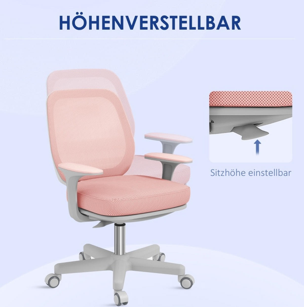 BÜROSTUHL in Rosa 48x55x94,5 cm, höhenverstellbar und drehbar, mit Sicherheitsrollen - Pink, Textil (55/94.5/48cm) - IVMEU