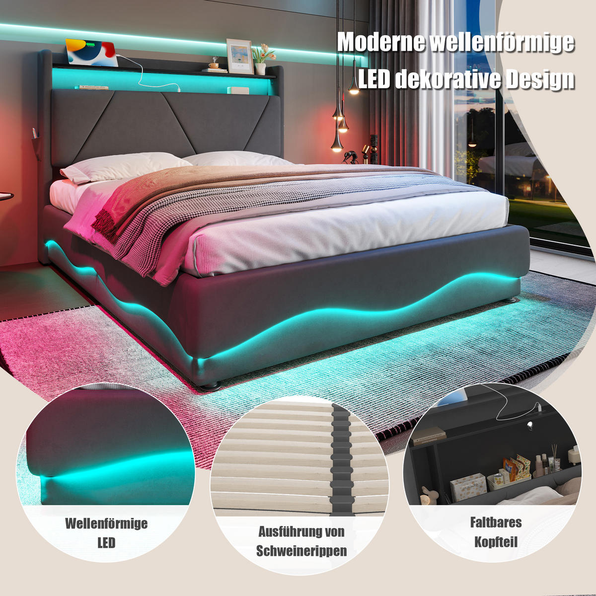 POLSTERBETT 160x200 cm LED USB Stauraum - Dunkelgrau, Textil (160/200cm) - LEBENLANG