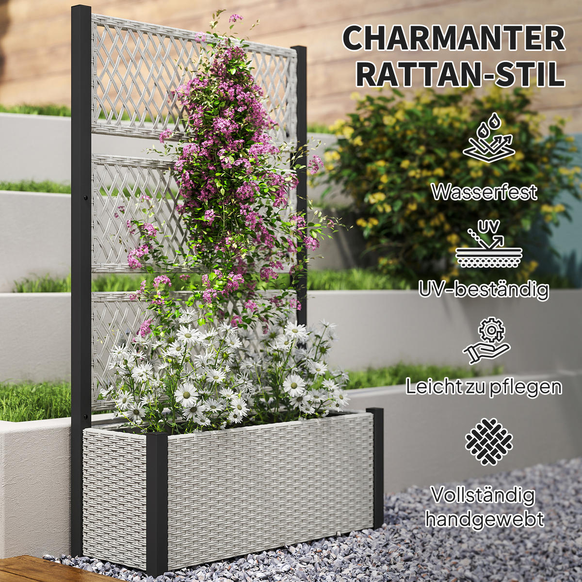 HOCHBEET mit Rankgitter in Rattan-Optik Pflanzkasten Blumenkasten mit Rankhilfe - Grau, Metall (35/148/90cm) - Outsunny