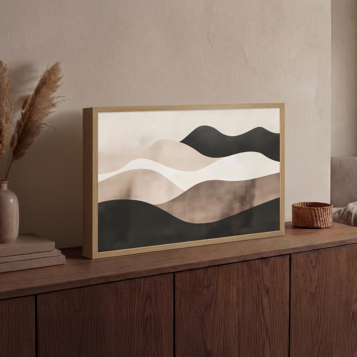 NÁSTĚNNÁ LAMPA S AKUMULÁTOREM Abstraktní - Krajina - Vlny - Krémová barva 60x40 cm - šedohnědá, kompozitní dřevo (60/40/8cm) - OnlyWow