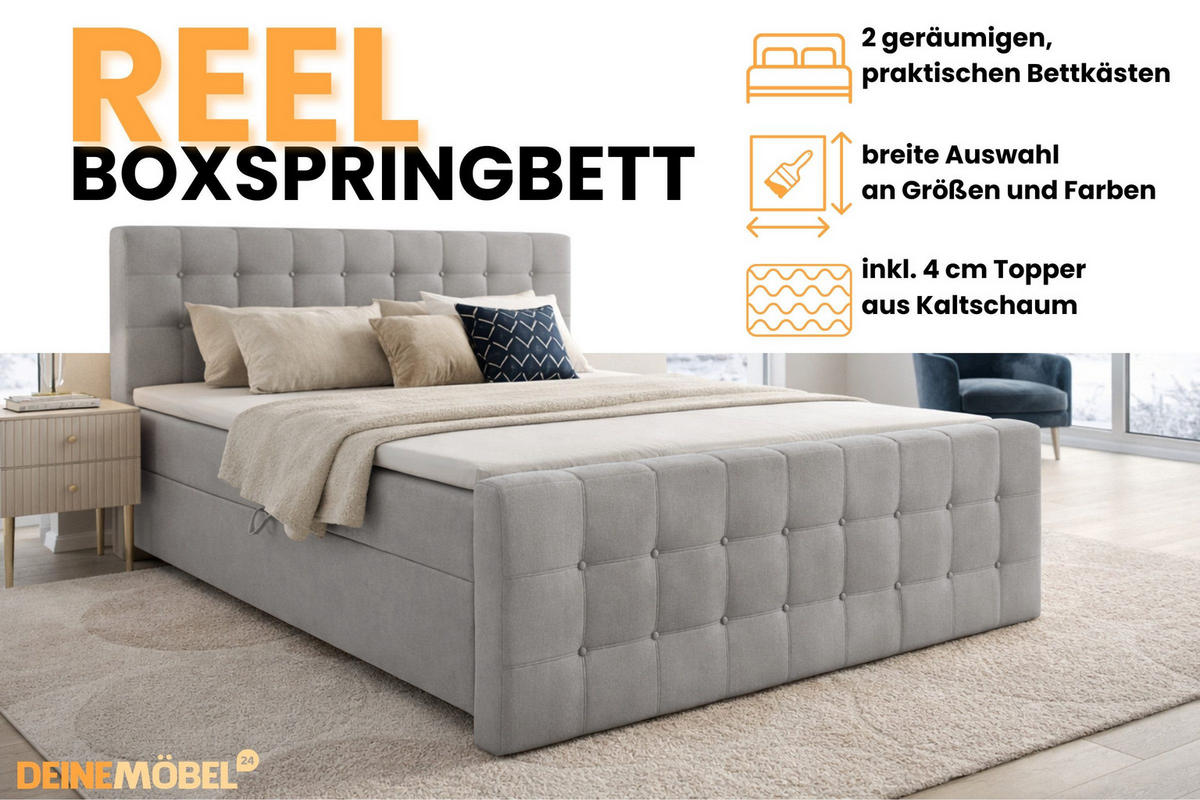 BOXBETT REEL 120/200 in Velours Hellgrau H4 - Hellgrau, Holz/Holzwerkstoff (120/200cm) - Deine Möbel 24