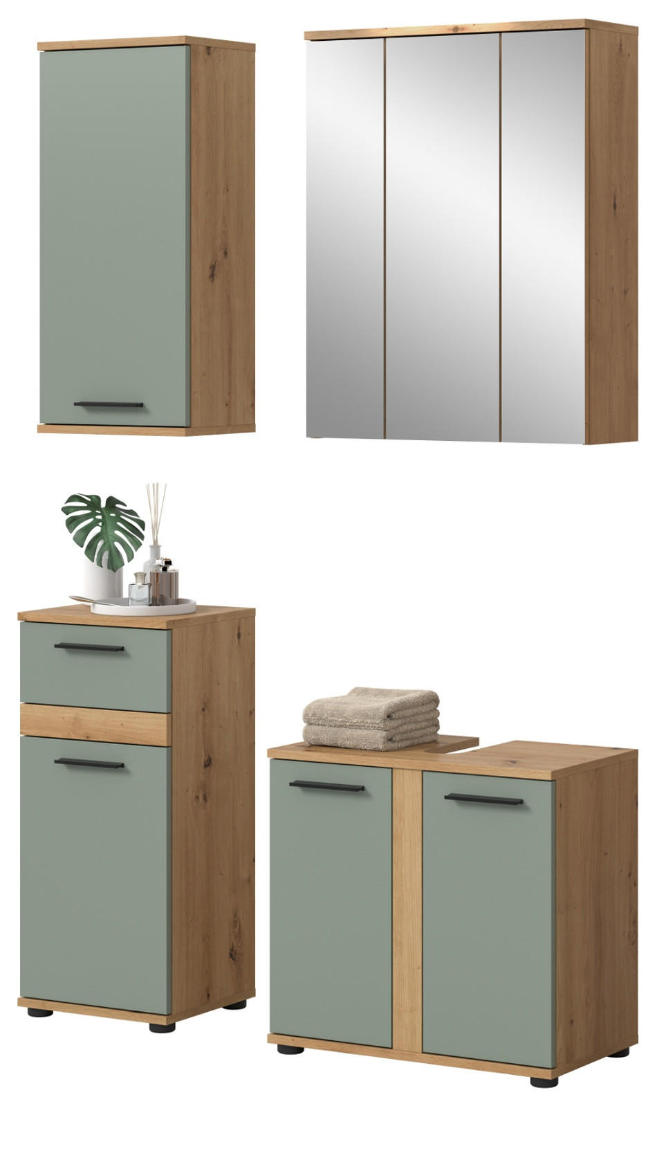 BADMÖBEL-SET Salbei grün, Eiche Artisan 112 cm 4-teilig, Badkombination in modernem Design - Salbeigrün/Schwarz, Glas/Holzwerkstoff (112/191/34cm) - Inn.Furn