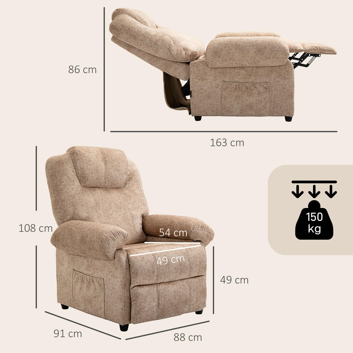 RELAXSESSEL,MANUELL Stoff ausziehbare Fußstütze Seitentasche,beige - Beige, Textil (91/108/88cm) - Vallsero