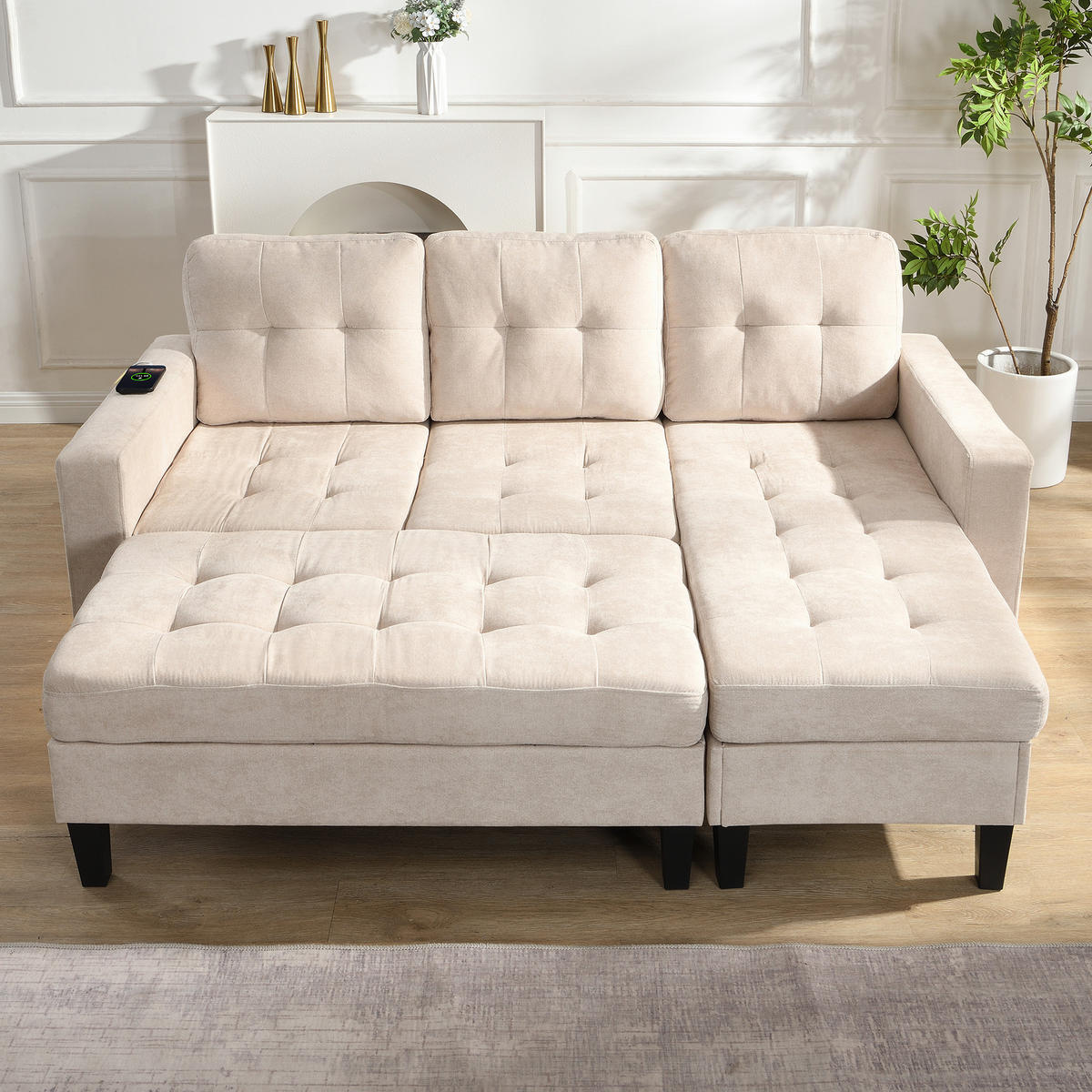 SCHLAFSOFA 185/135/85 cm Beige mit beweglicher Fußbank und LED-Ambiente-Beleuchtung - Beige, Textil (185/85/135cm) - Oxeza