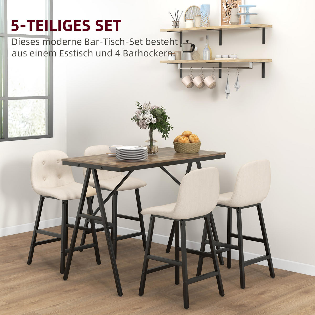 BARTISCH mit Barhocker Set, 5-teilig Essgruppe, Küchentisch, Bartisch Set, Beige - Beige, Textil (60/91/120cm) - HOMCOM