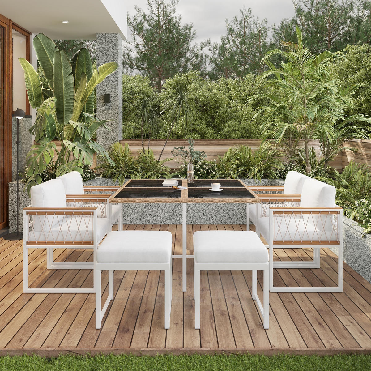 GARTENMÖBEL-SET Modernes 7-tlg. Schwarz/Weiß/Holz - Weiß, Holz - ComfortXL