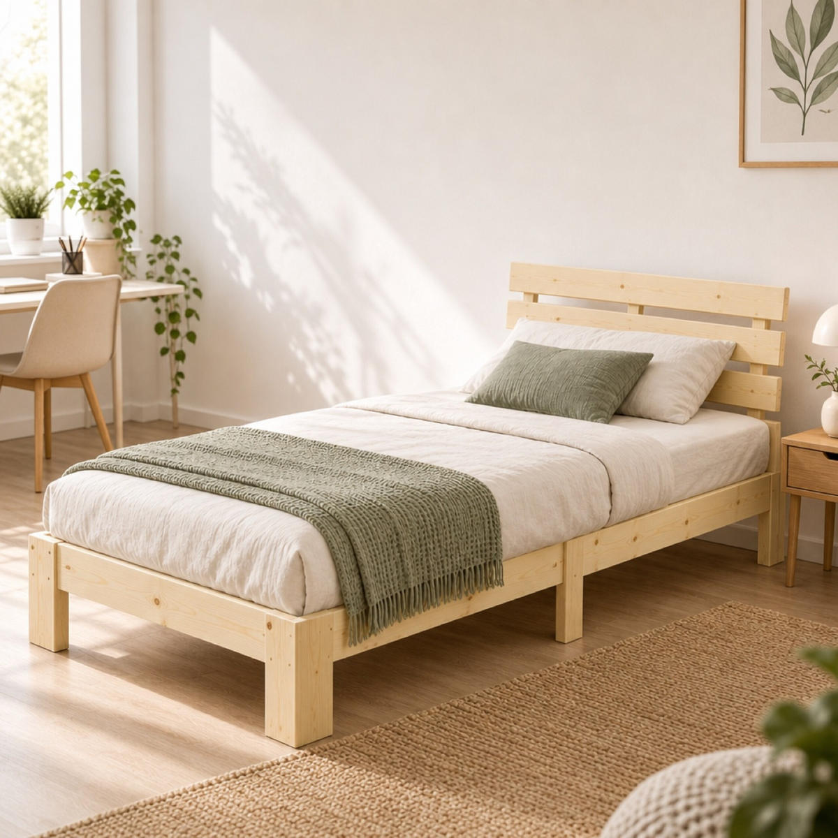 BETT Natur Massivholz Kiefer mit Lattenrost 90x200 cm - Hellbraun, Holz - Relaxdays