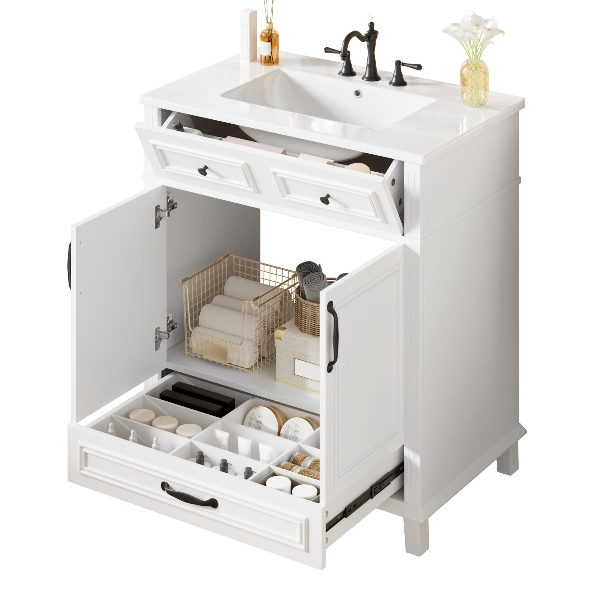 WASCHTISCH aus MDF und Keramik 77x46x86 cm Weiß mit integriertem Keramikbecken, Soft-Close und Stauraum - Weiß, Keramik (77/86/46cm) - Modfu