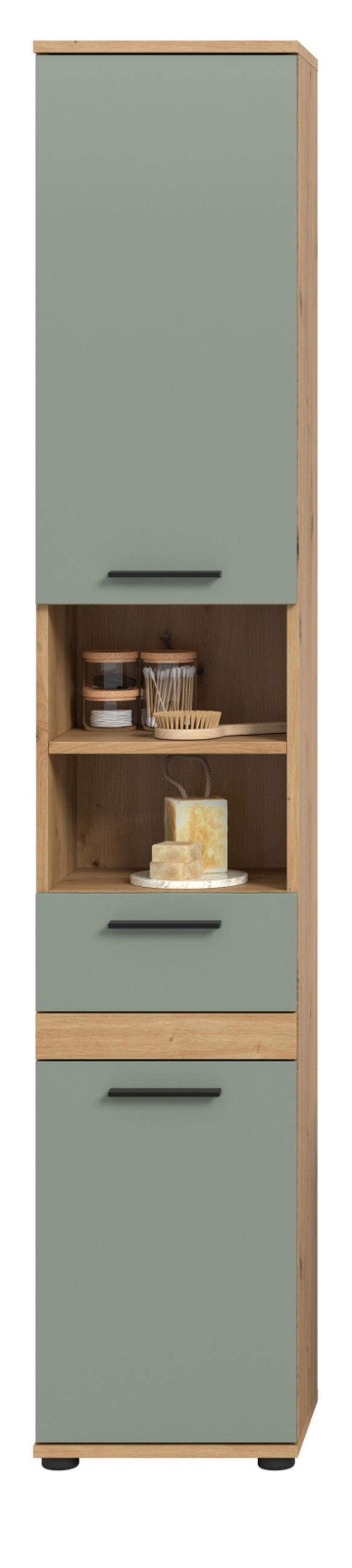 HOCHSCHRANK Salbei, Artisan Eiche 35 x 191 cm, Badschrank mit vielen Fächern - Salbeigrün/Schwarz, Holzwerkstoff/Kunststoff (35/191/31cm) - Inn.Furn
