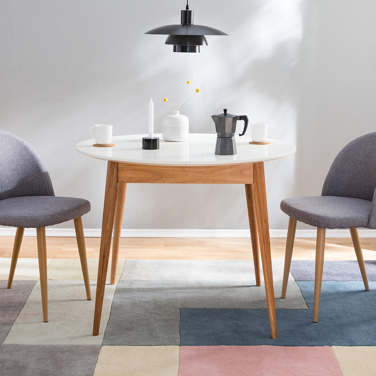 ESSTISCH rund - ausziehbar, Eiche teilmassiv - Weiß, Holzwerkstoff (100/100/76cm) - home24