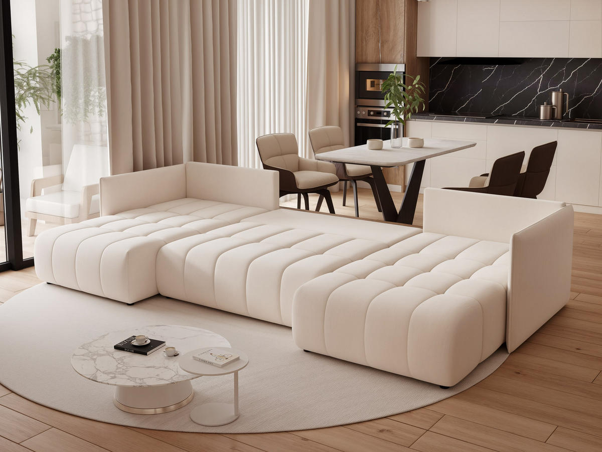 WOHNLANDSCHAFT OLIMPIA mit Schlaffunktion und Bettkasten Creme - Creme, Holzwerkstoff/Kunststoff (353/83/180cm) - Idohome