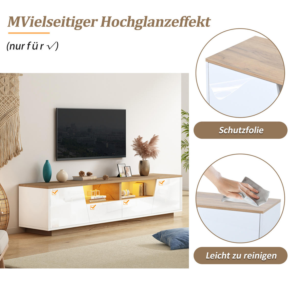 TV-LOWBOARD 180x40x46 cm Weiß Holz LED 2 Schränke 2 Schubladen - Weiß, Holzwerkstoff (40/46/180cm) - FLIEKS
