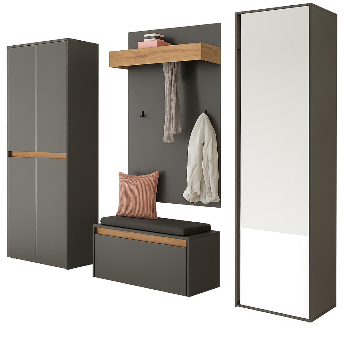 GARDEROBEN-SET grau matt, Eiche Wotan 5-teilig 265 cm, Schuhschränke mit viel Stauraum - Eiche Wotan/Schwarz, Glas/Holzwerkstoff (265/200/40cm) - Furn.Design