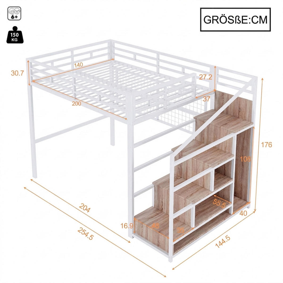HOCHBETT 140/200 cm Weiß mit Kleiderschrank, Stauraumleiter und 7-farbige LED-Leuchten - Weiß, Metall (140/200cm) - Oxeza