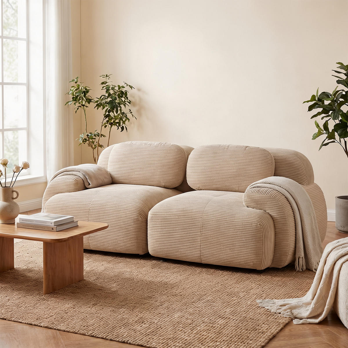 SOFA Modulares 2-Sitzer, mit Armlehnen, Cord, Beige - Beige, Textil (103/70/208cm) - Meubles Cosy