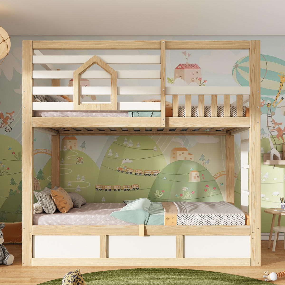 ETAGENBETT 90/200 cm & 90/200 cm in Weiß & Natur mit Stauraum - Weiß/Naturfarben, Holz/Holzwerkstoff (90/200cm) - WISHDOR